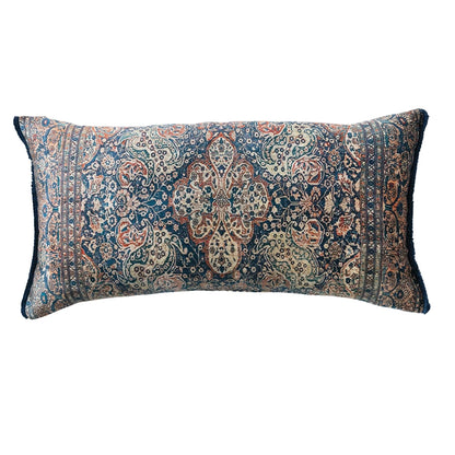 26"x14" cotton blend velvet lumbar pillow with fringe, blue/beige/rust Persian-inspired pattern on white. Only in 26"x14".