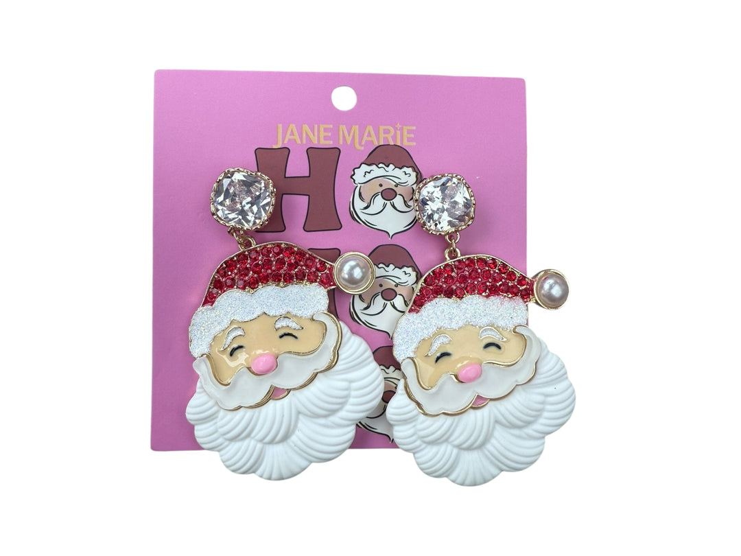 Acrylic Santa Claus earrings with red crystal hats, textured beards, and faceted studs. Available in various sizes.