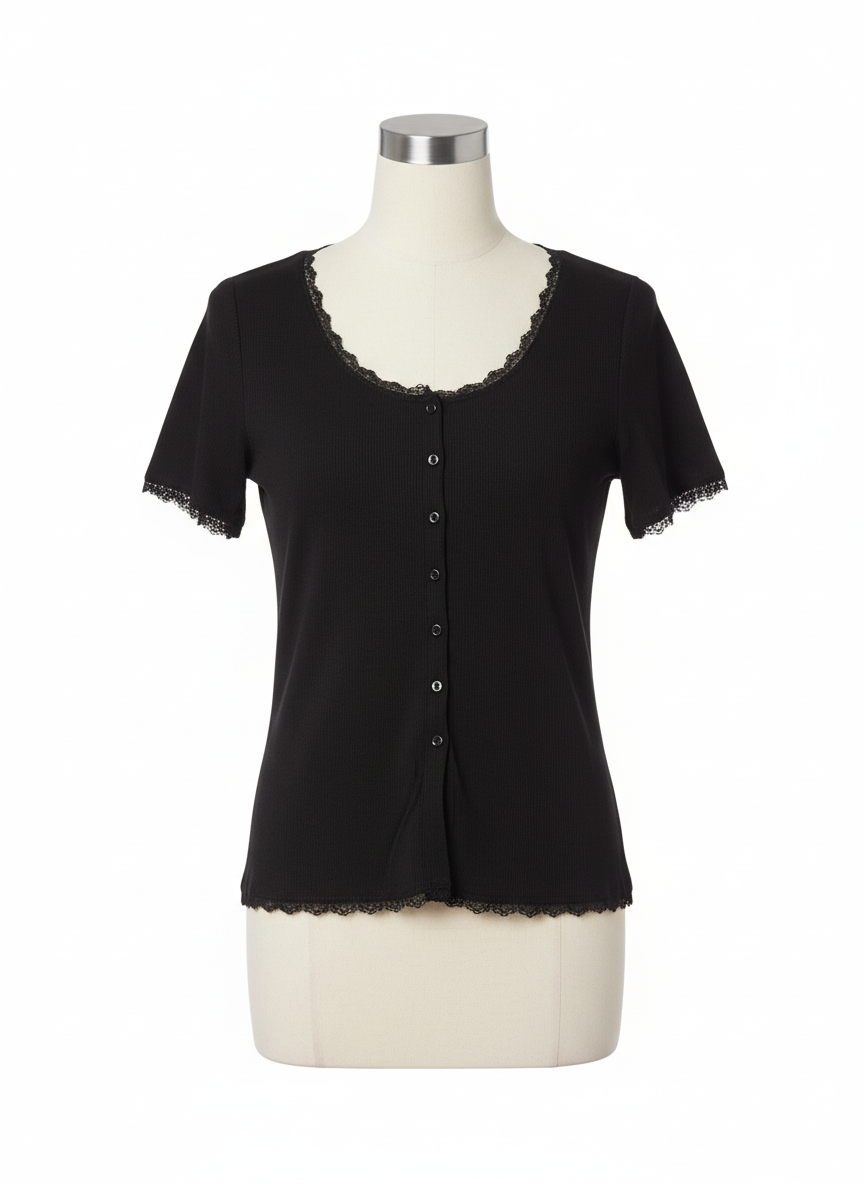 Black Lace Ribbed Short Sleeve Top | P.S Love