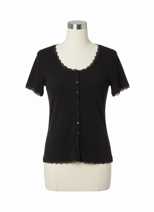 Black Lace Ribbed Short Sleeve Top | P.S Love