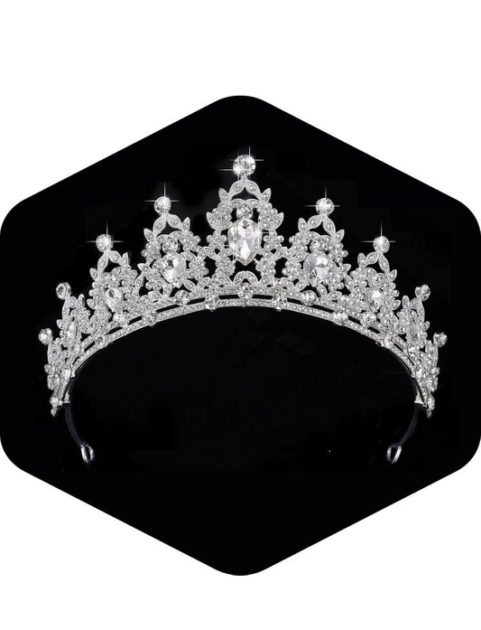 Princess Tiara with clear rhinestones, central faceted gem, sparkling silver finish. Available in small, medium, and large sizes.