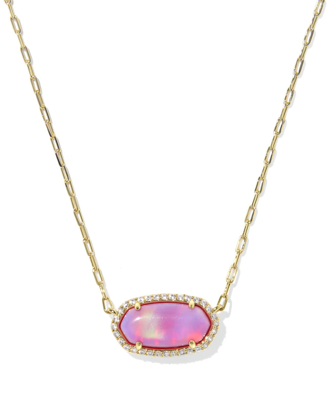 Gold paperclip chain with oval pink opalescent resin pendant and clear stone border. Available in one short necklace size.