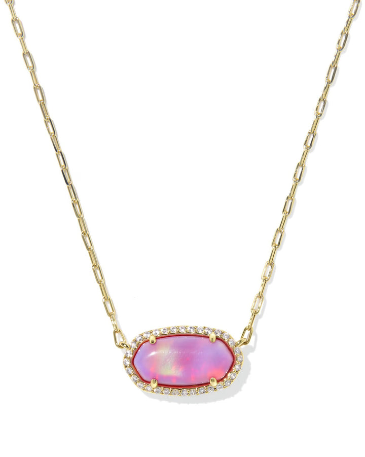 Gold paperclip chain with oval pink opalescent resin pendant and clear stone border. Available in one short necklace size.
