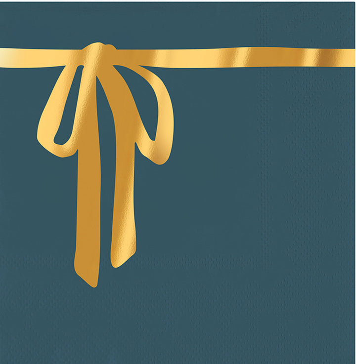 Dark blue square cocktail napkin with metallic gold ribbon and bow print.