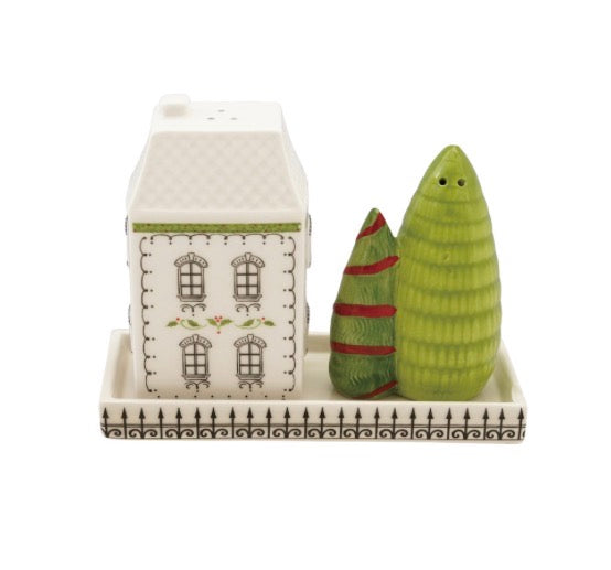 Christmas Village Salt &amp; Pepper Shakers with house and evergreen trees on a rectangular base.