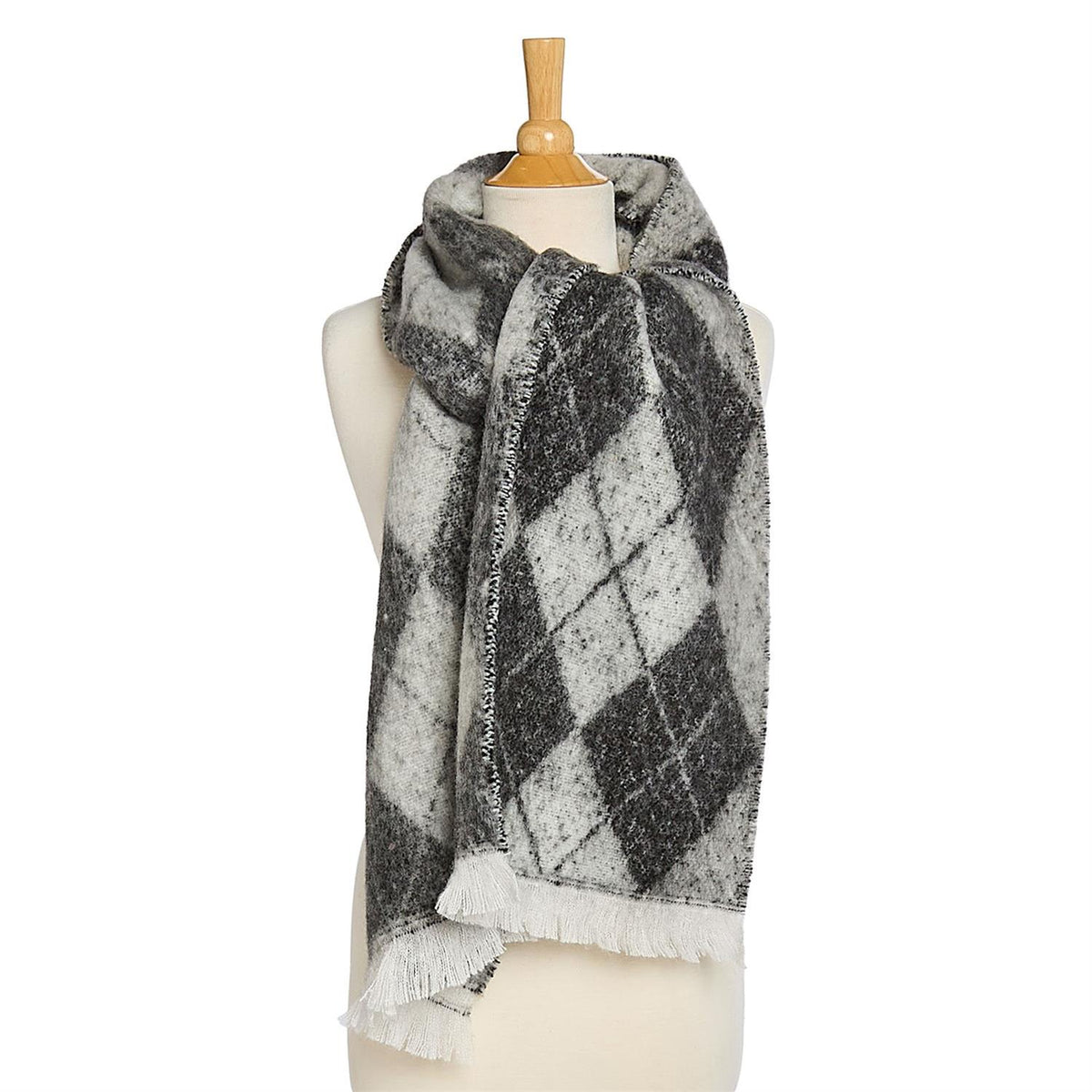 Classic Argyle Scarf in black and white with fringed ends, soft and generously sized. Available in small, medium, and large.