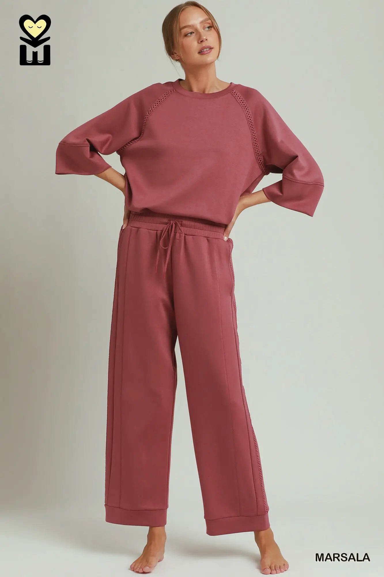 Butterfly Lace Straight Leg Pants in Marsala, available in sizes XS–XL.