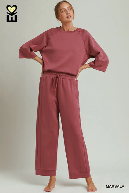 Butterfly Lace Straight Leg Pants in Marsala, available in sizes XS–XL.