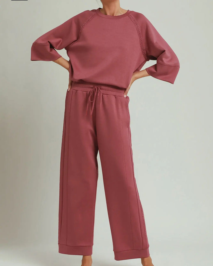 Butterfly Lace Straight Leg Pants in Marsala, available in sizes XS–XL.