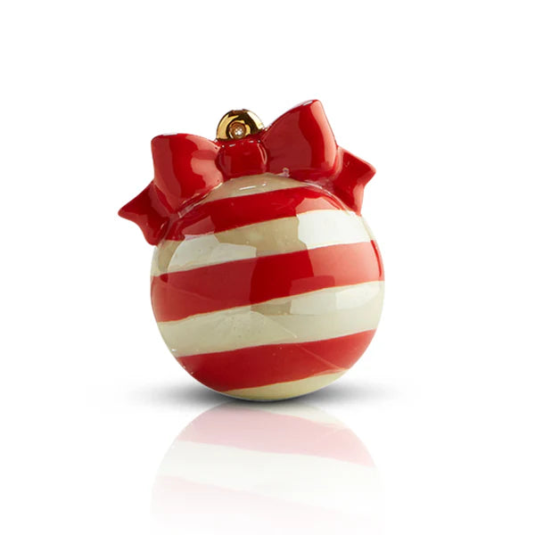 Round ornament with red and white stripes, shiny red bow, gold hanging loop. Sizes available: Mini.