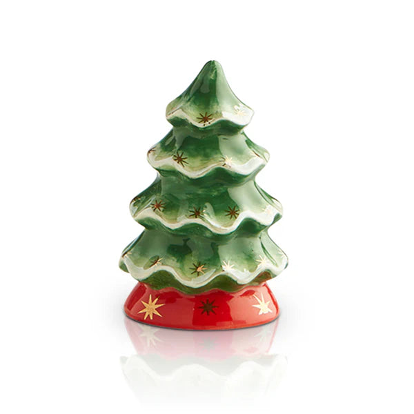 Green Christmas tree ceramic figurine with gold stars on a red base. Available in one mini size.