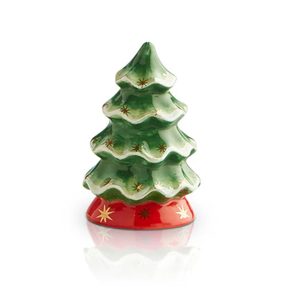 Green Christmas tree ceramic figurine with gold stars on a red base. Available in one mini size.