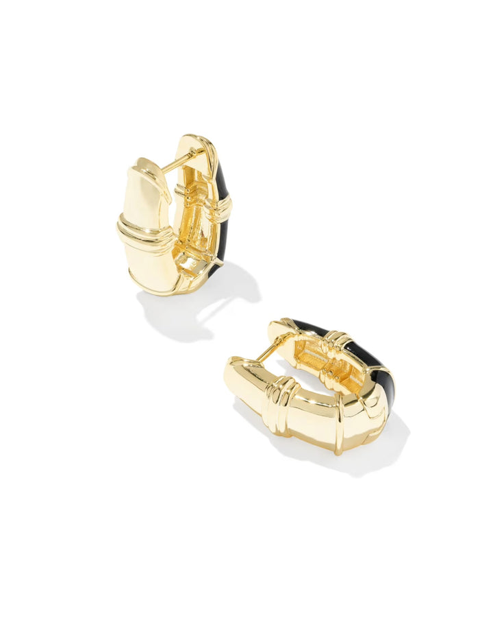 Courtney Enamel Huggie earrings by Kendra Scott, small gold with black enamel accents and subtle texture. Available sizes: 0.5", 0.75".