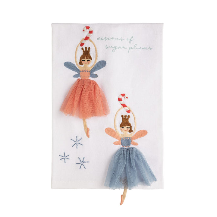 The Nutcracker Dangle Leg Towel, a white hand towel embroidered with fairy ballerinas, candy canes, “visions of sugar plums” text, and blue snowflakes.