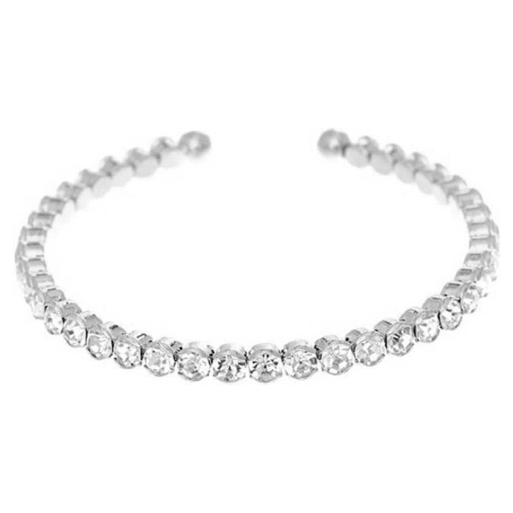 Silver open cuff bracelet with a row of clear round stones; available in multiple sizes.