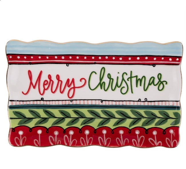 Bright Merry Christmas Trinket Tray, rectangular with wavy edges and hand-painted pine branches, stripes, and red scalloped patterns.