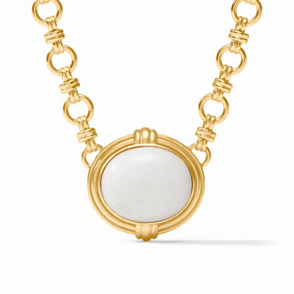 Round white jade pendant in 24K gold plate bezel on linked chain. Available sizes: 16", 18", 20".