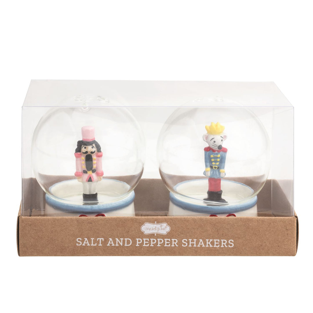 Nutcracker and mouse soldier glass globe salt & pepper shakers.