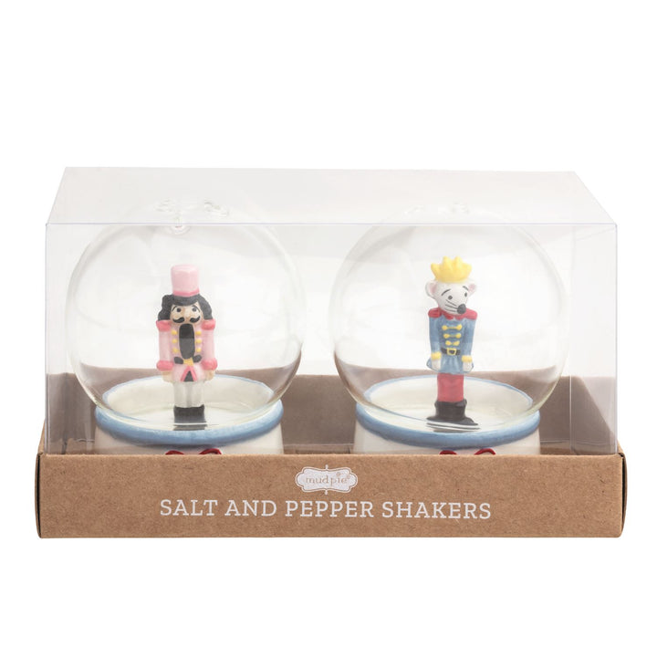 Nutcracker and mouse soldier glass globe salt &amp; pepper shakers.