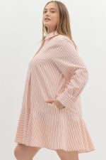 Striped Collared Tiered Dress: loose-fit mini, pink/white vertical stripes, long sleeves, ruffled hem. Sizes XS-XL.