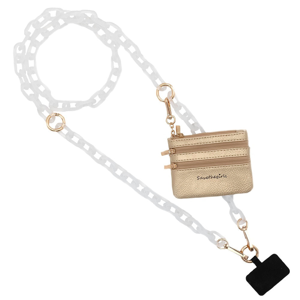 Gold Save the Girls Clip and Go Zippered Pouch with logo, secure pouch, white chain, black phone grip. Sizes: S, M, L.