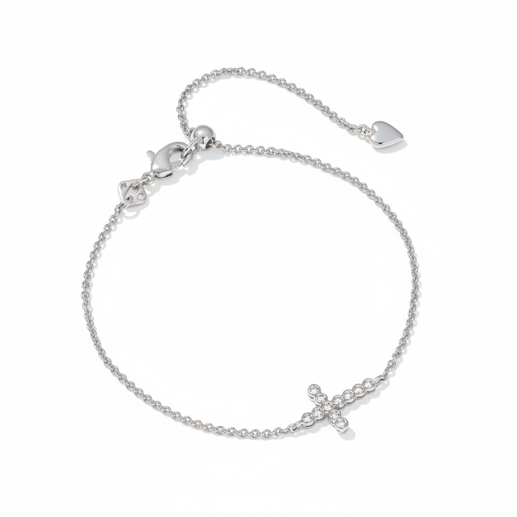 Cross Crystal Delicate Bracelet with crystal cross charm, fine adjustable chain; available in sizes 6", 7", and 8".