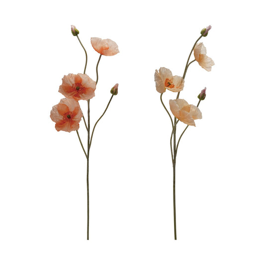 Two stems of light orange faux poppy flowers with multiple blooms and buds. Available sizes: not specified.