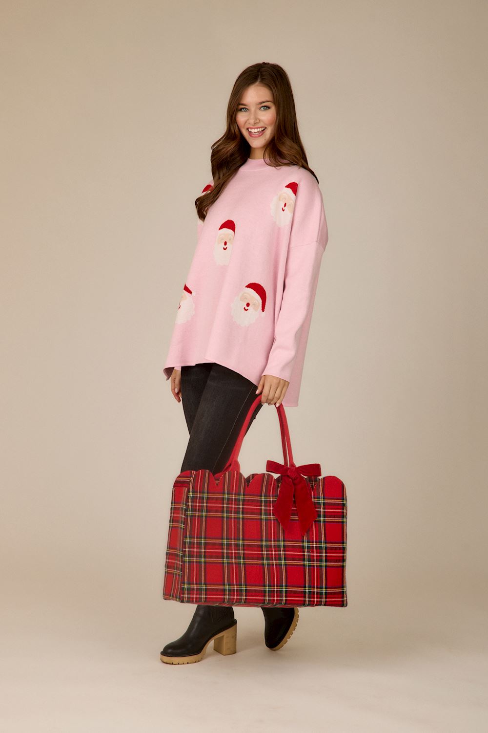 Velvet Bow Tartan Tote with red velvet bow, available in all sizes.