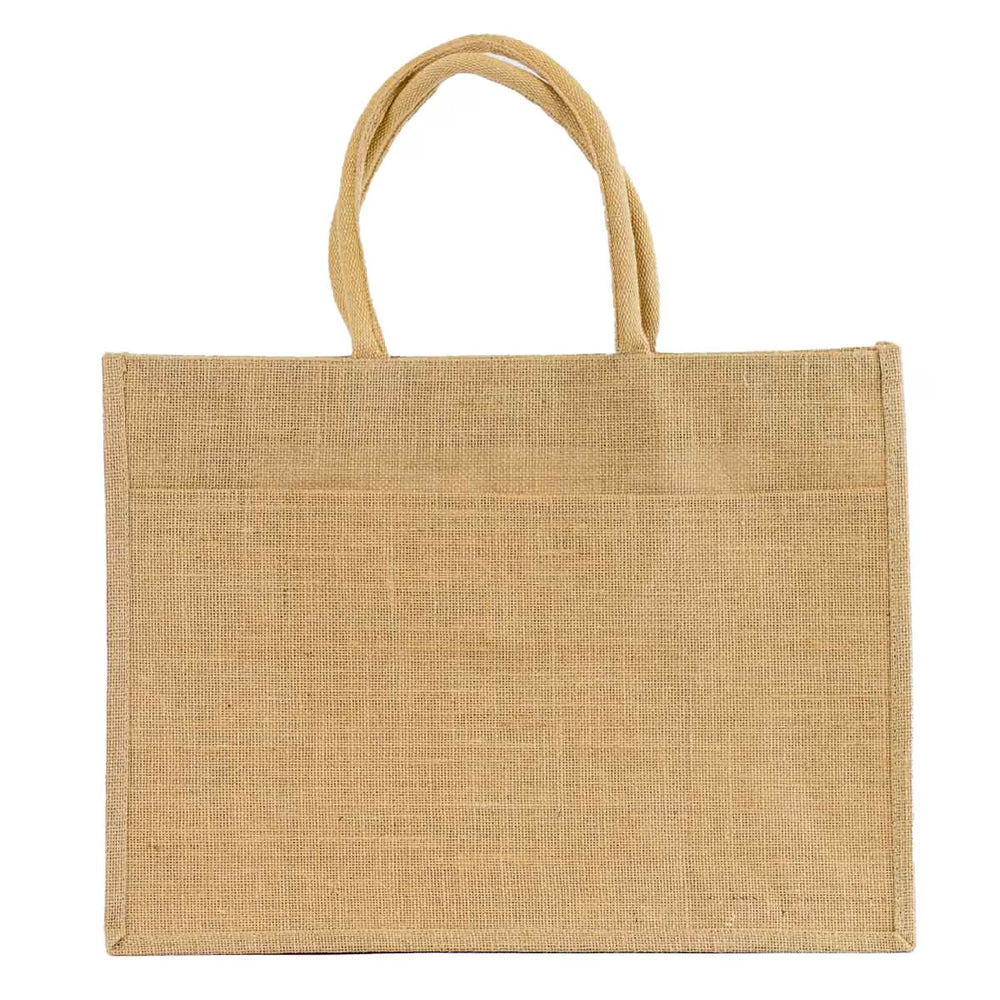 Plain rectangular jute tote bag with sturdy handles, natural light brown color. Available in small, medium, and large sizes.