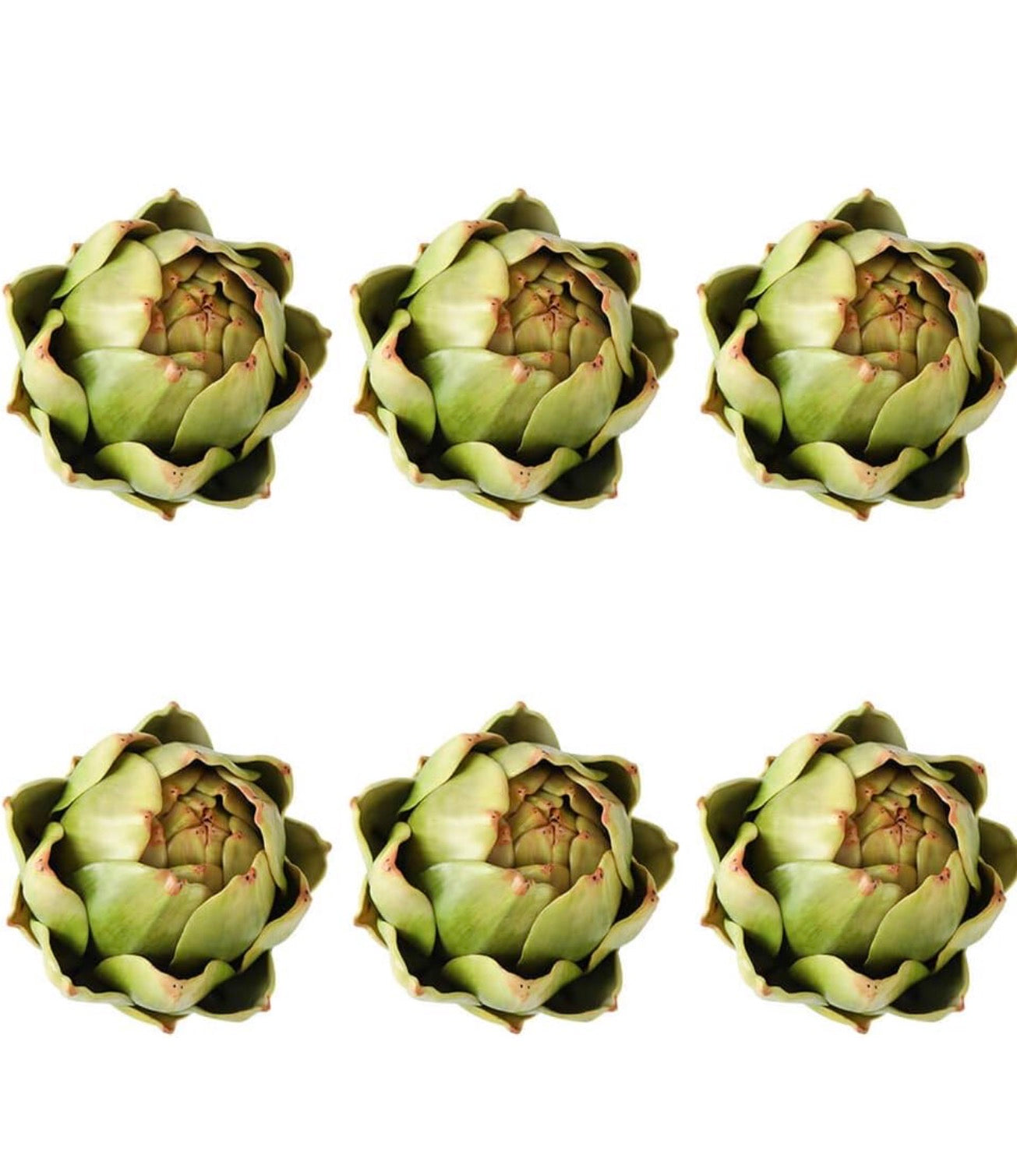 Set of six faux artichoke decor pieces. Available in 4-inch and 6-inch sizes.