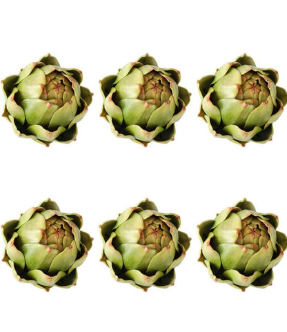 Set of six faux artichoke decor pieces. Available in 4-inch and 6-inch sizes.