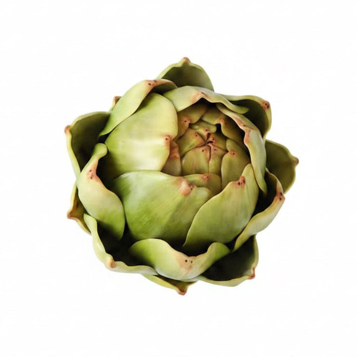 Set of six faux artichoke decor pieces. Available in 4-inch and 6-inch sizes.