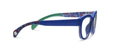 Bee - Blue/Floral eyeglass frames with blue fronts, green tips, floral inner arms, UV400 protection. Sizes: S, M, L.