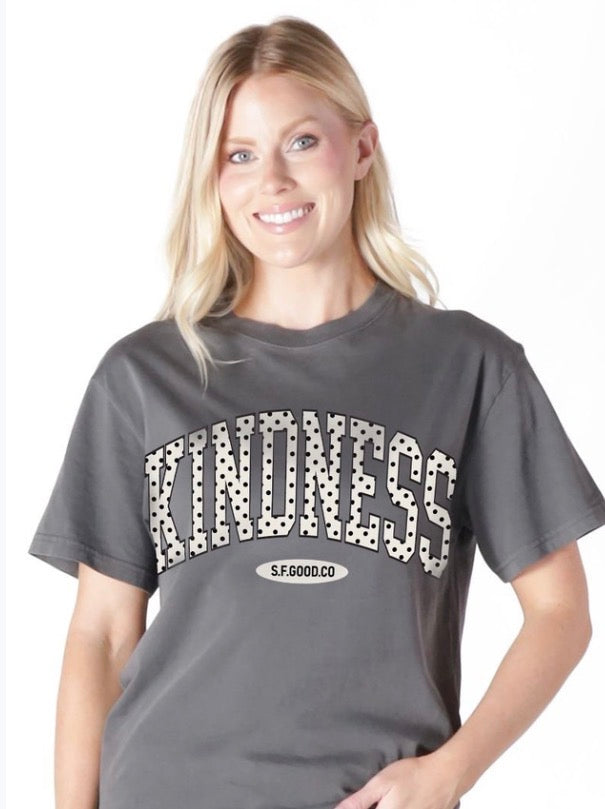 Kindness Polka Dot Graphic Tee with "KINDNESS" over "S.F.GOOD.CO." Available in sizes XS-XXL.