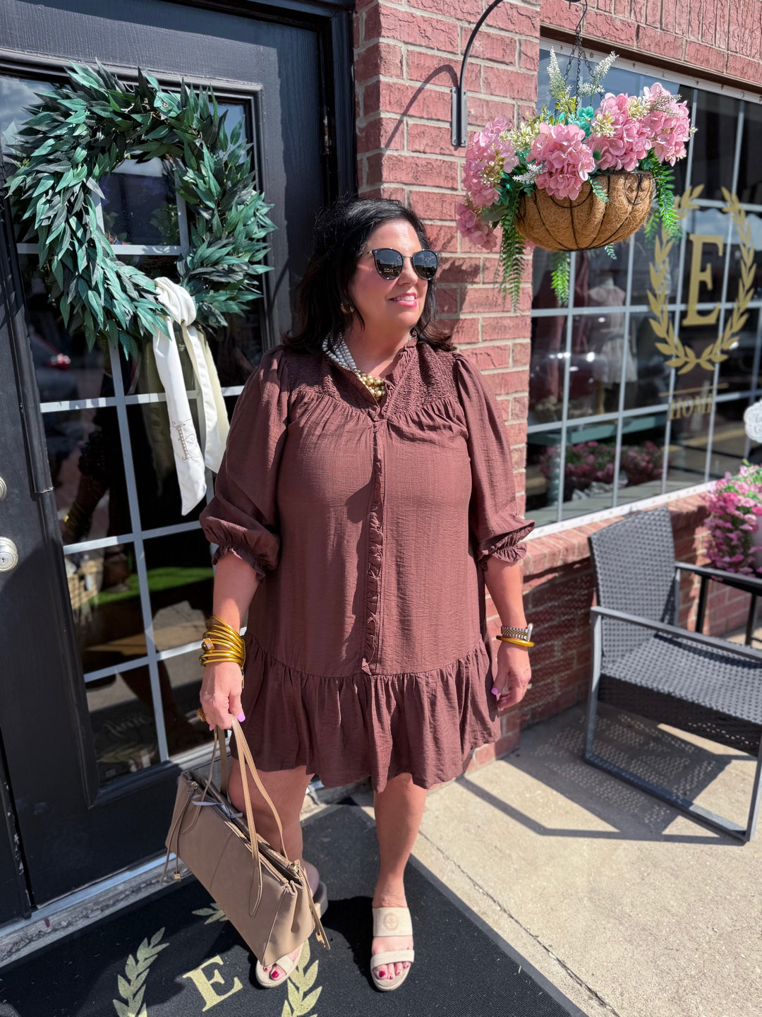 Smocked Ruffle Tiered Mini Dress, available in sizes XS-XL.