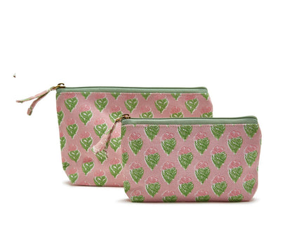 Floral Block Print Multipurpose Pouches in two sizes, pink with green leaf pattern and green zippers.