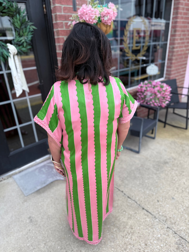 Palace Palm Marisol Caftan, a vibrant summer dress with long pink and green stripes; available in sizes XS–XL.