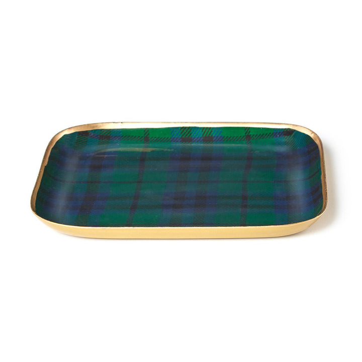 Rectangular tartan metal trays with green and blue pattern and gold rim.