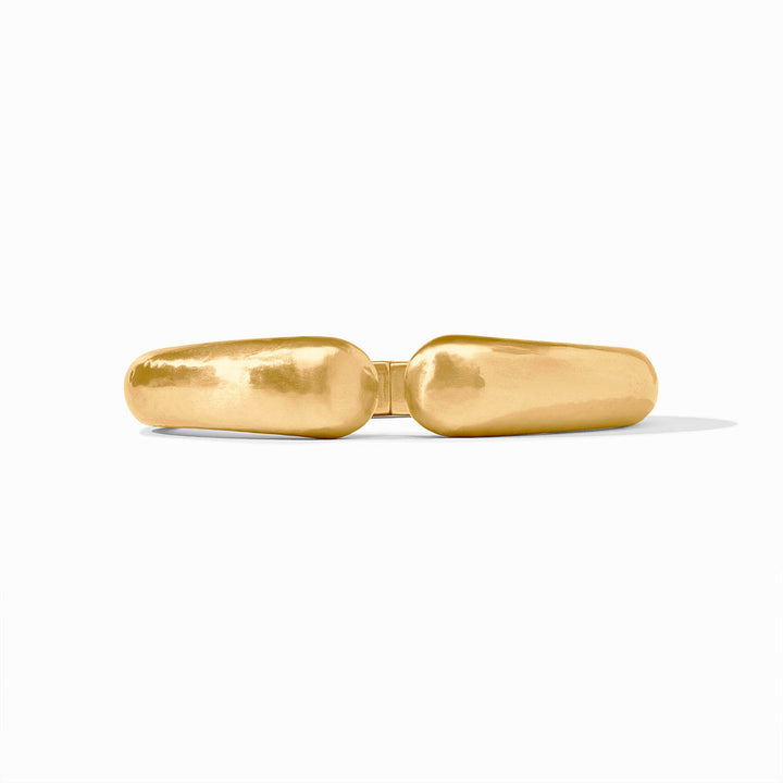 Solara Demi Cuff: polished 24K gold-plated bracelet, thick band, rounded ends meet at center. Available in S/M and M/L.