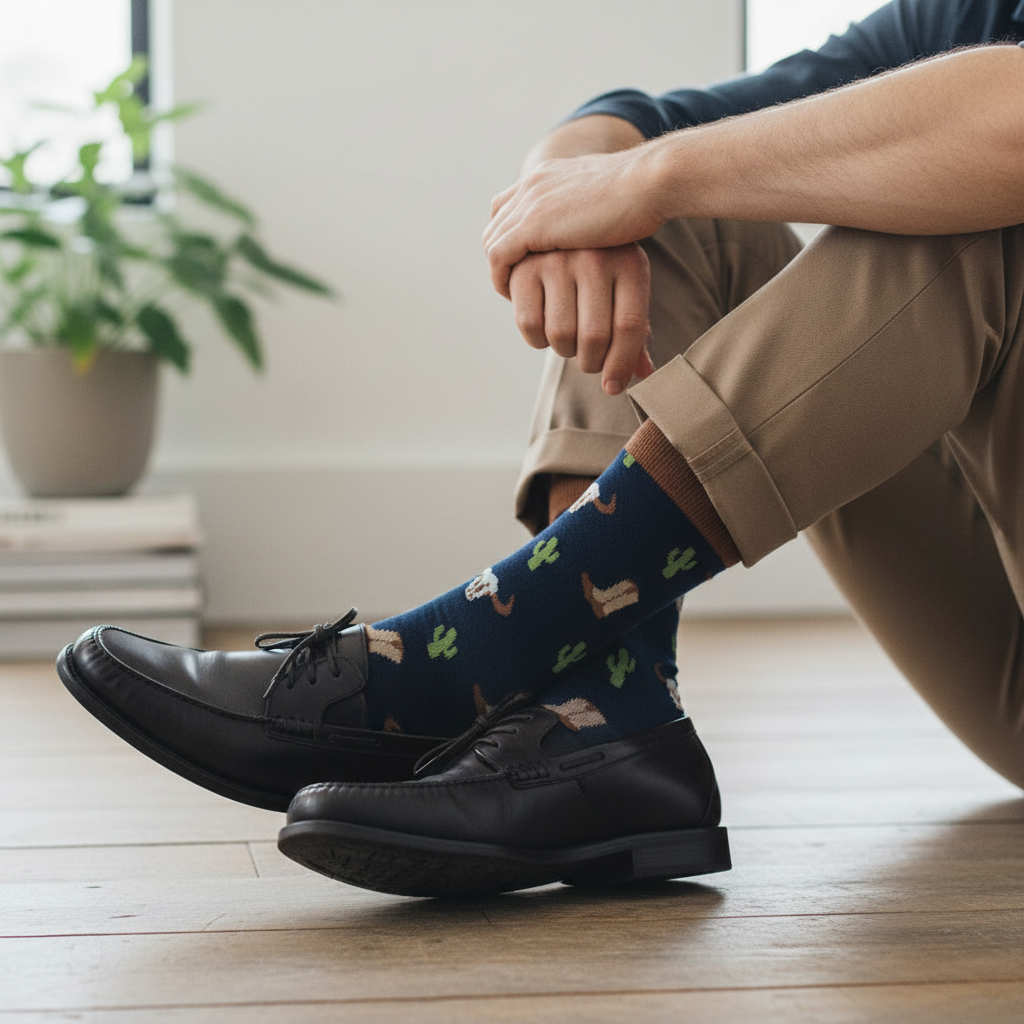 Men’s Wild West Socks in blue with cactus and llama pattern, available in sizes M–XL.