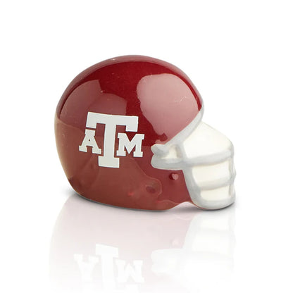 Maroon football helmet mini with white facemask and Texas A&M "ATM" logo. Available in one mini size.