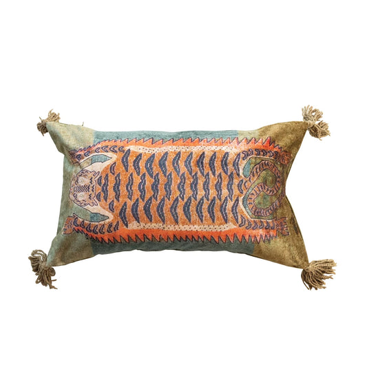 Cotton Velvet Lumbar Pillow, Tibetan Tiger and Tassels