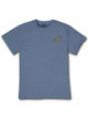 Blue mineral washed tee with yellow and black chest logo, crew neck, relaxed fit, heavyweight cotton. Sizes: S-XXL.