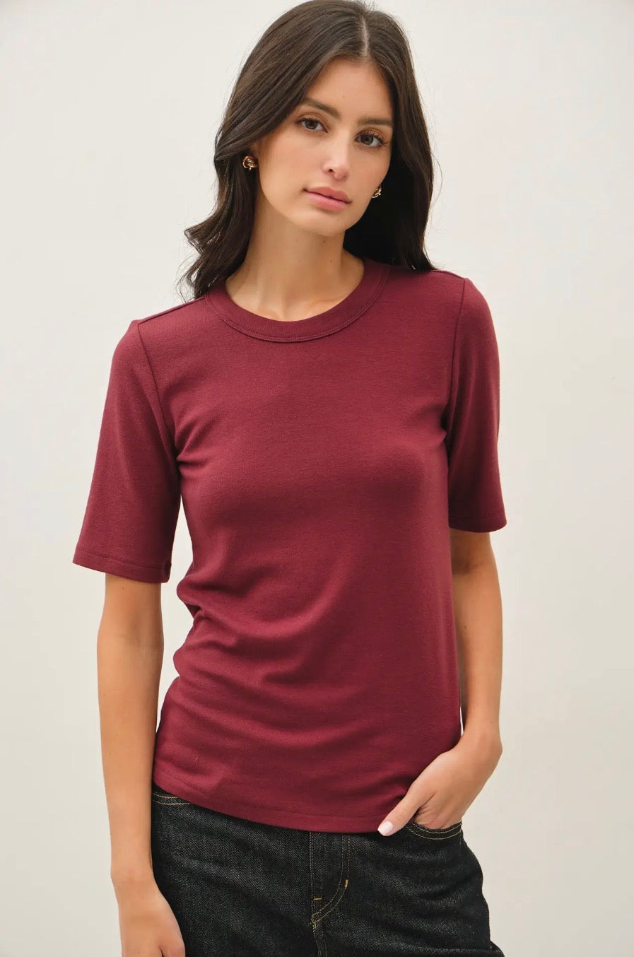 Ultra Soft Basic Tee, maroon crewneck t-shirt. Available in sizes XS-XXL.