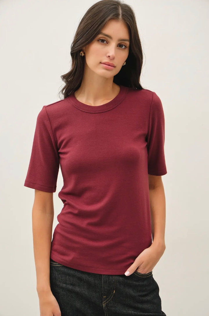 Ultra Soft Basic Tee, maroon crewneck t-shirt. Available in sizes XS-XXL.