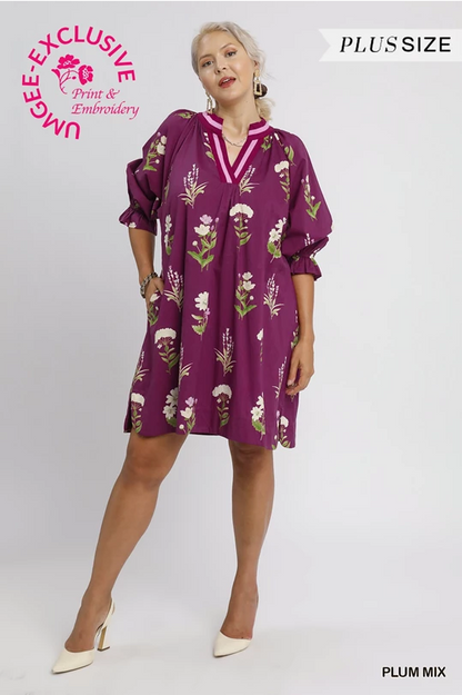 Janie Floral Tunic Dress: plum cotton, floral print, embroidery, three-quarter sleeves; available in plus sizes.