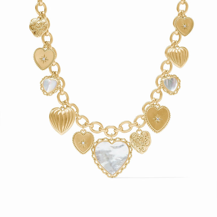Heart Charm Necklace Mother of Pearl with iridescent heart charms, central large heart, toggle clasp. Available in 16", 18".