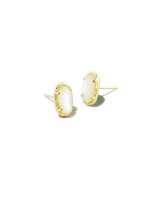 The Grayson Stud MOP by Kendra Scott has oval Ivory Mother-of-Pearl in gold prongs; available in one size.