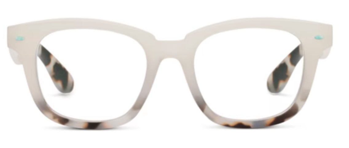 Peepers Hidden Gem Frost/Chai Tortoise glasses feature semi-transparent frames with a sophisticated chai tortoise design on the inner temples. Sizes available: Standard.