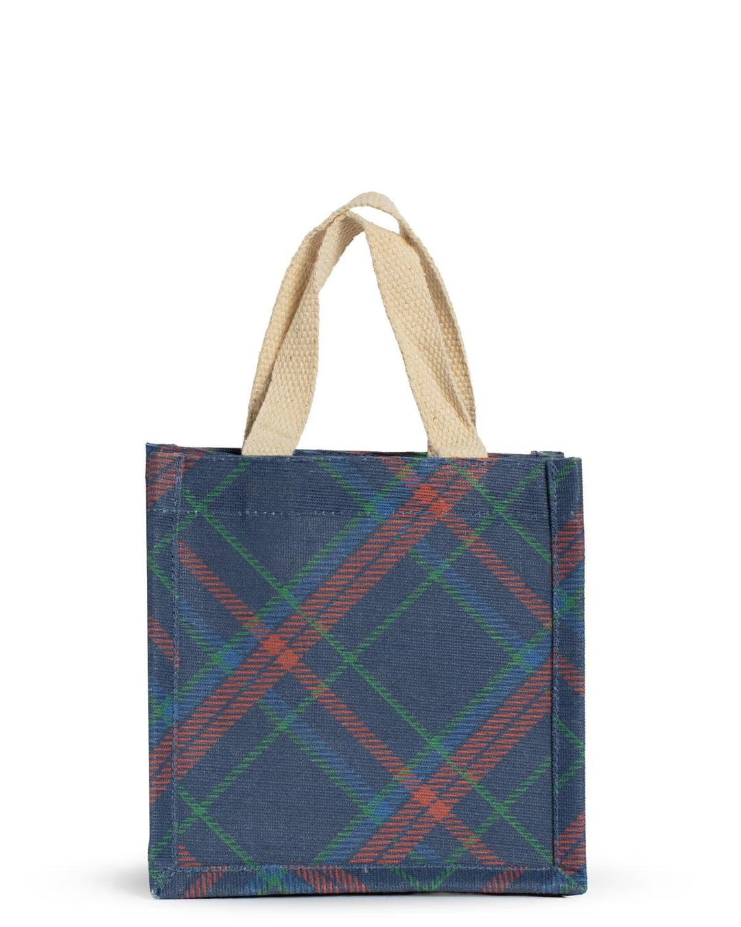 Layton Plaid Petite Gift Tote Bag, a small, square plaid tote with woven handles in blue, red, and green.
